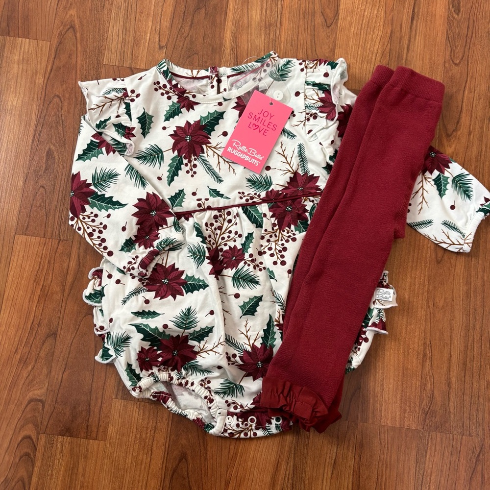 RuffleButts Holiday Bubble Romper in Poinsettia + Leggings Size 12 - 18 mo